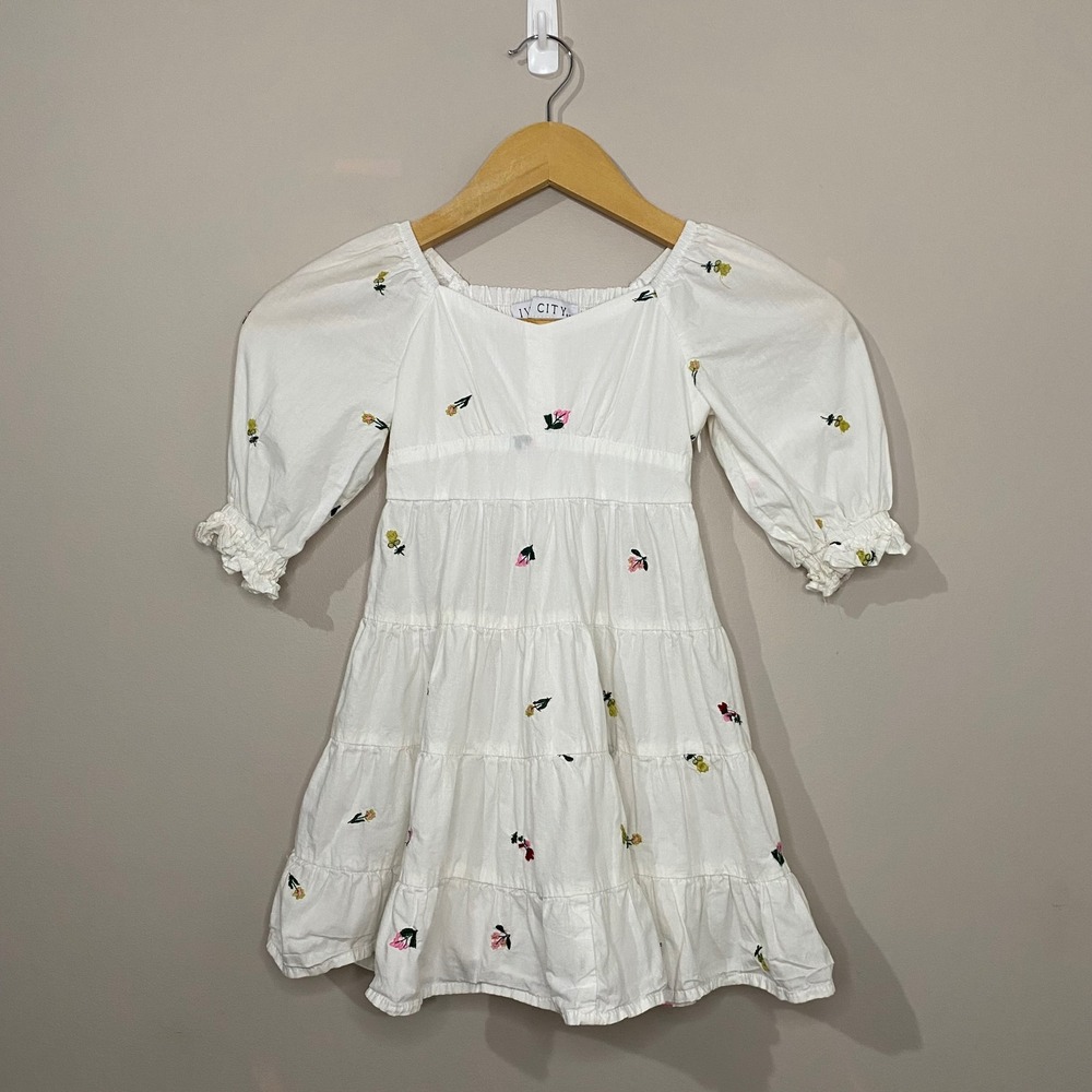 Ivy City Co White‎ Cotton Floral Embroidered Tiered Puff Sleeve Dress Smocked 3T